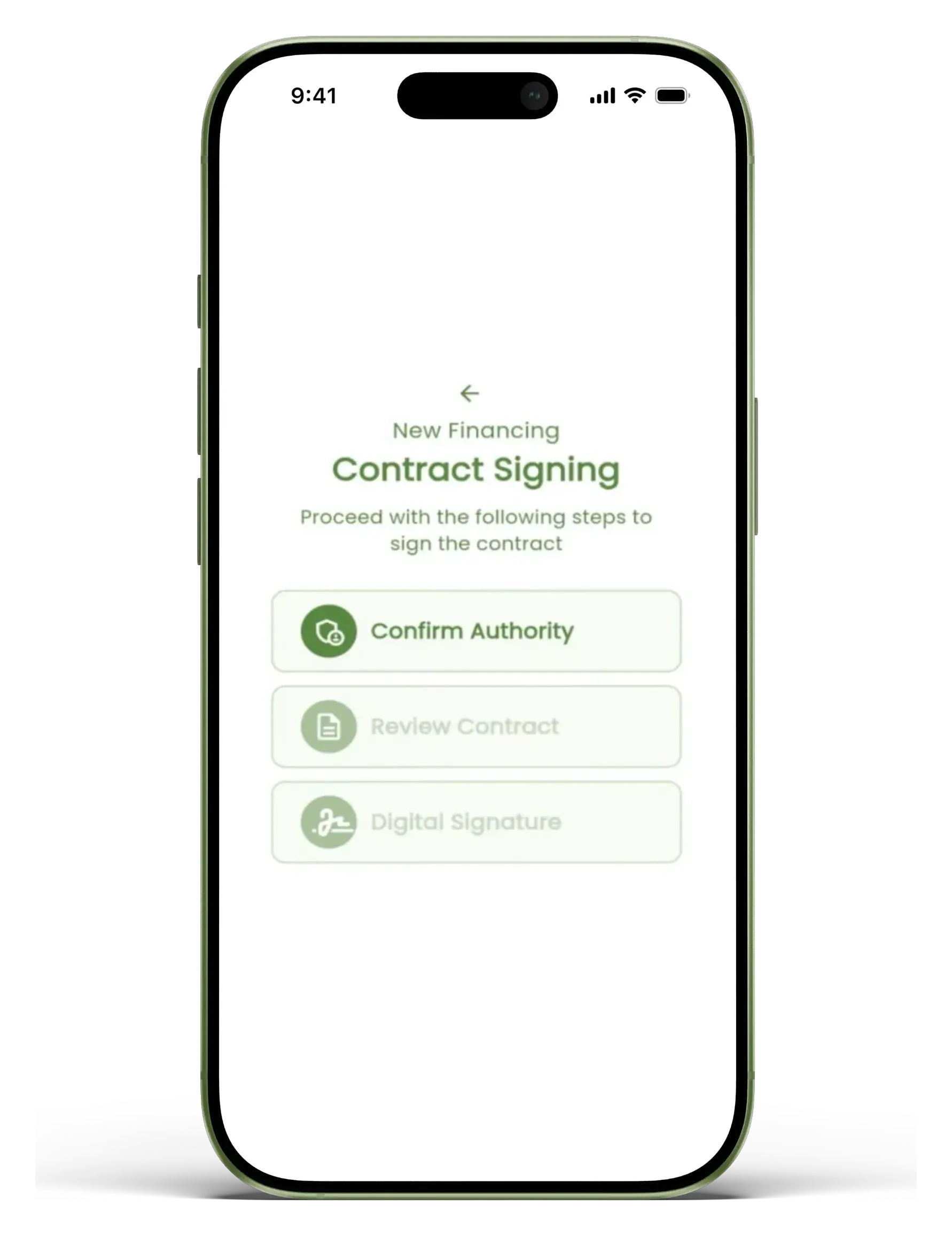 The Oliv app showing the Contract Signing screen, with steps to confirm authority, review the contract and add a digital signature.